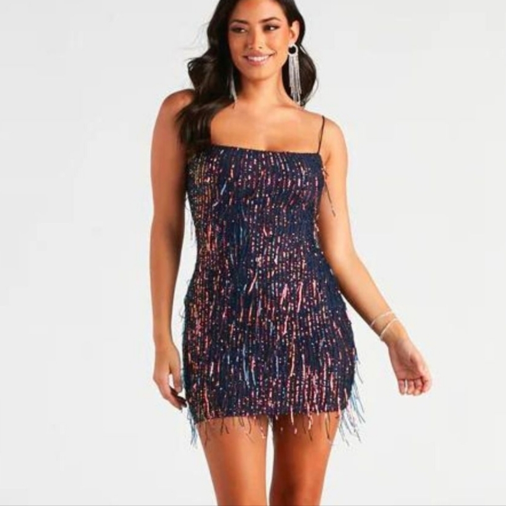 Windsor Large Khloe Sequin Fringe Party Dress Stretchy Navy Fringe Dress - Picture 1 of 12